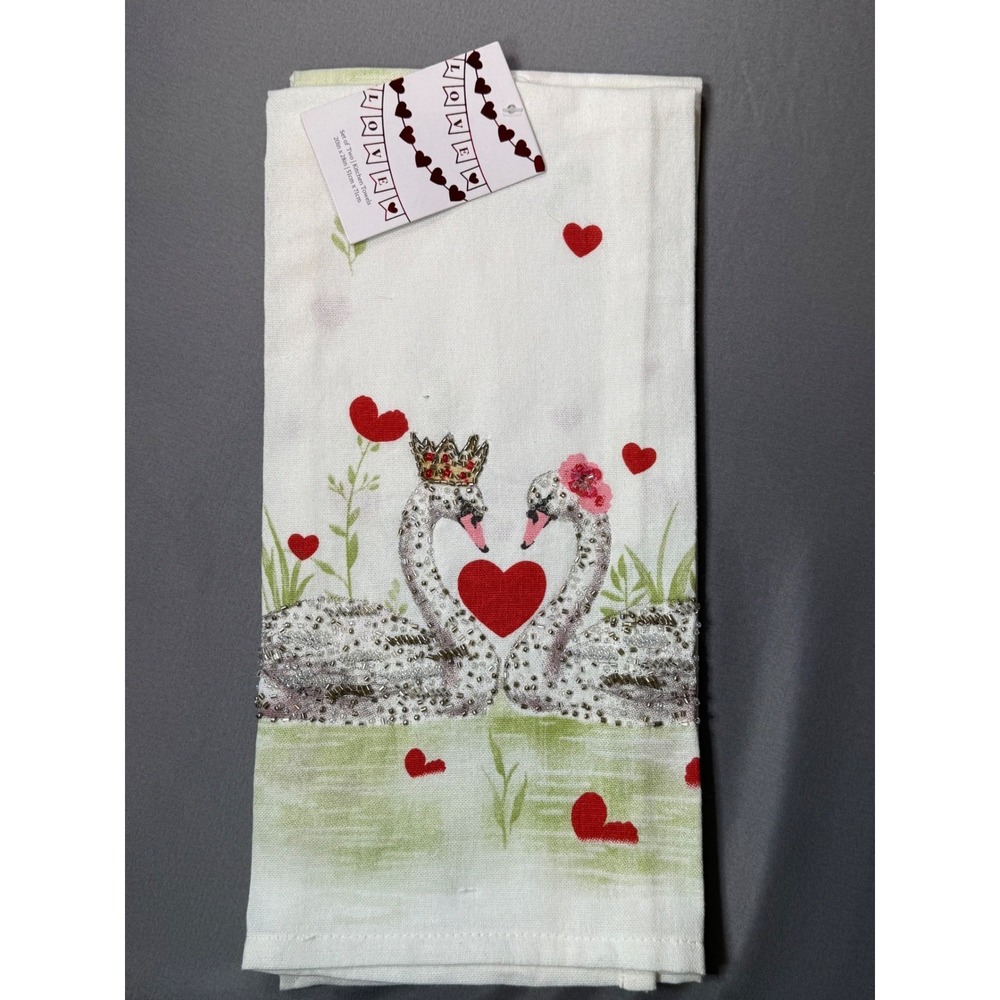 NWT Set of 2 Love Swan Kitchen Towels White Red Heart Beaded Sequin